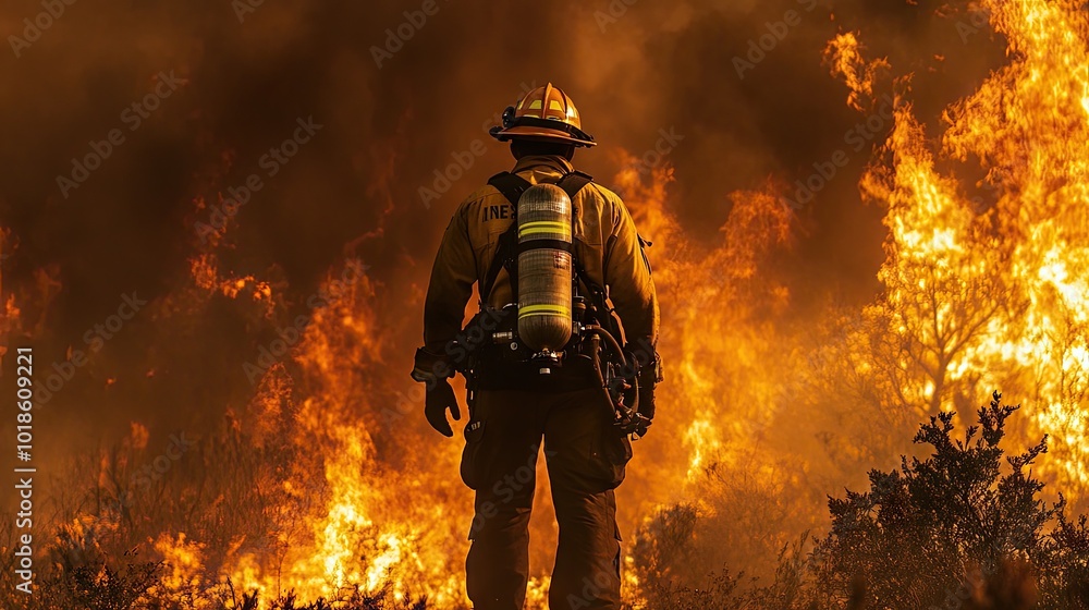 Fototapeta premium Flames rise high as a firefighter, dressed in safety gear, stands firm in an emergency, ready to tackle the fire ahead.