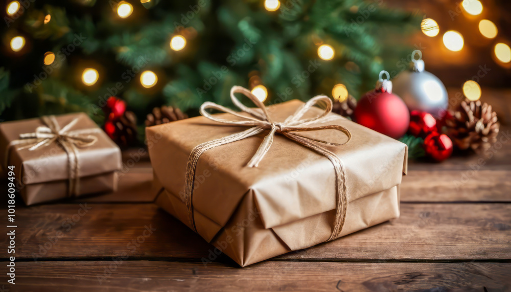 Perfect Christmas gift in friendly packaging on wooden table, eco holiday concept, Christmas gift wrapping, Perfect Christmas gift in friendly packaging on wooden table, eco holiday concept, Christmas gift wrapping,