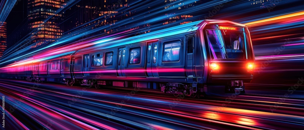Futuristic train speeding through a neon-lit city at night. Futuristic train speeding through a neon-lit city at night.