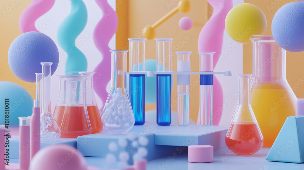 A science lab scene with colorful geometric shapes. It shows equipment
