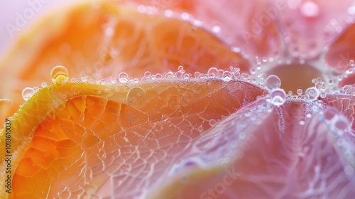 X-ray close-up of a translucent hassaku fruit slice, gentle apricot backdrop, water drops, frosted glass effect, fresh and intricate composition. photo