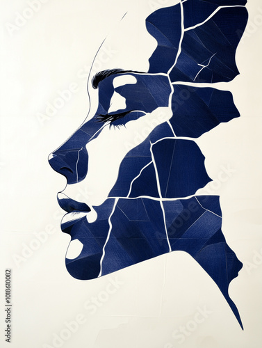 Portrait de visage fragmenté : quête du soi, réflexion sur ses sentiments et son identité, introspection, illustration humaine pour cabinet médical, troubles psychiques et santé mentale, schizophrénie