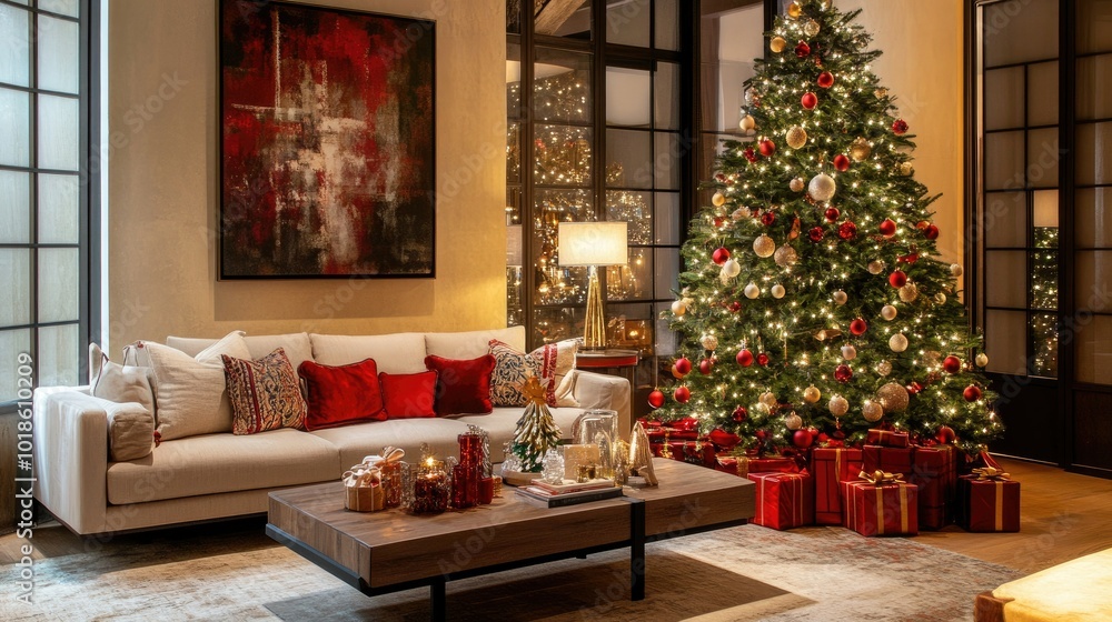 Obraz premium Festive Christmas living room showcasing a cozy modular sofa, a beautifully decorated tree, and elegant accessories on a wooden console. Perfect for family gatherings.