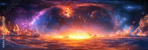 360 degree space nebula panorama, equirectangular projection, environment map. Fantasy Scenery. photo