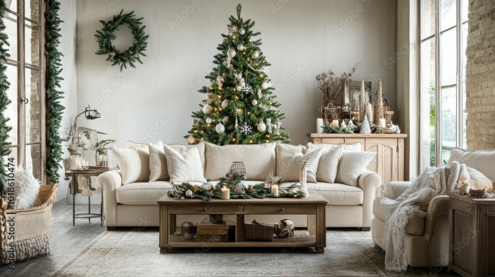 Obraz premium Festive Christmas living room showcasing a cozy modular sofa, a beautifully decorated tree, and elegant accessories on a wooden console. Perfect for family gatherings.