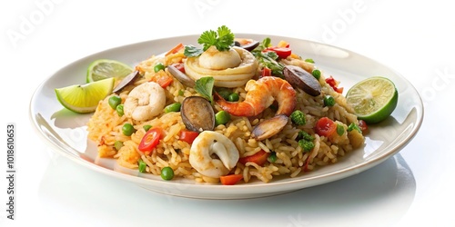 Asymmetrical seafood Tom Yum fried rice with mushrooms on white background