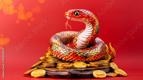 A vibrant, decorative snake figurine coils atop a mound of gold coins, symbolizing wealth and prosperity photo