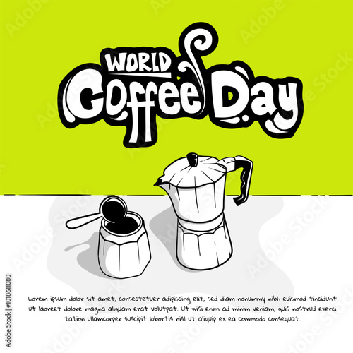 World coffee day design with mocha pot in hand drawn doodle art design