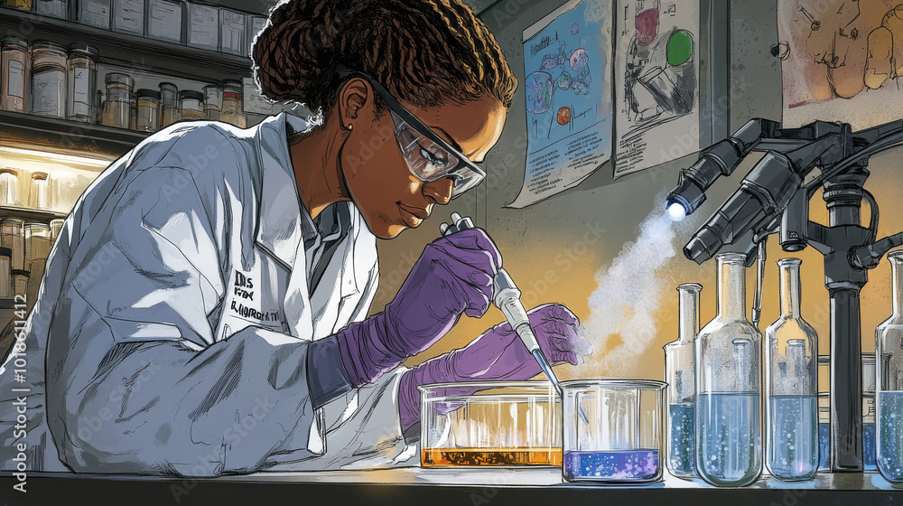 A scientist in a lab, using beakers, test tubes, and other tools. They ...