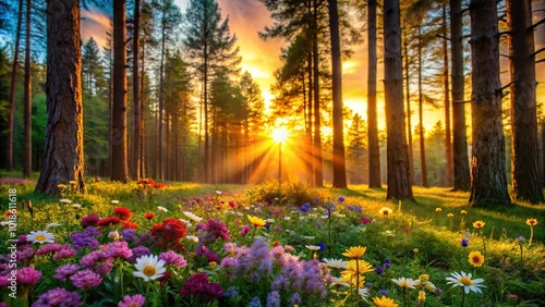 Fototapeta Naklejka Na Ścianę i Meble -  Asymmetrical sunset in the forest with colorful flowers