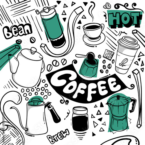 Doodle art of coffee design for wall design on coffee shop