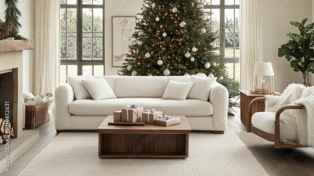 Fototapeta premium Stylish holiday living room with modular sofa, boucle armchair, wooden console, and a beautifully decorated tree. Gifts wrapped neatly beneath, perfect for family gatherings.