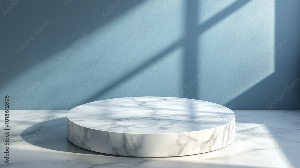 A 3D marble podium on a blue background for product display. A 3D marble podium on a blue background for product display.