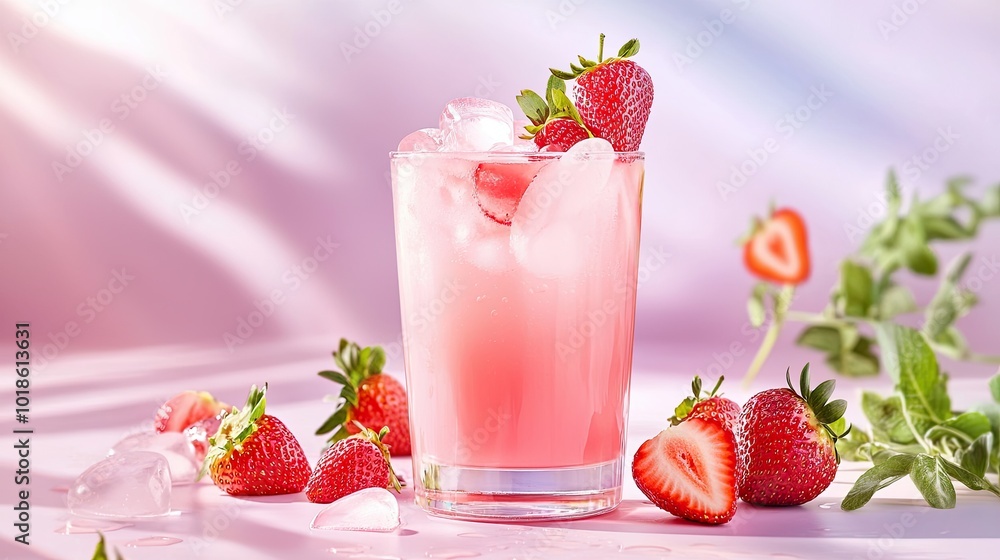 Strawberry juice in a glass, topped with fresh strawberries and ice, placed on a bright summer-themed table with a refreshing atmosphere Strawberry juice in a glass, topped with fresh strawberries and ice, placed on a bright summer-themed table with a refreshing atmosphere