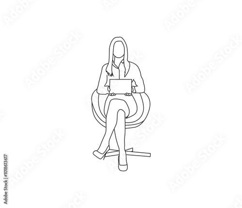  vector line art of a sitting woman working on a laptop in the office