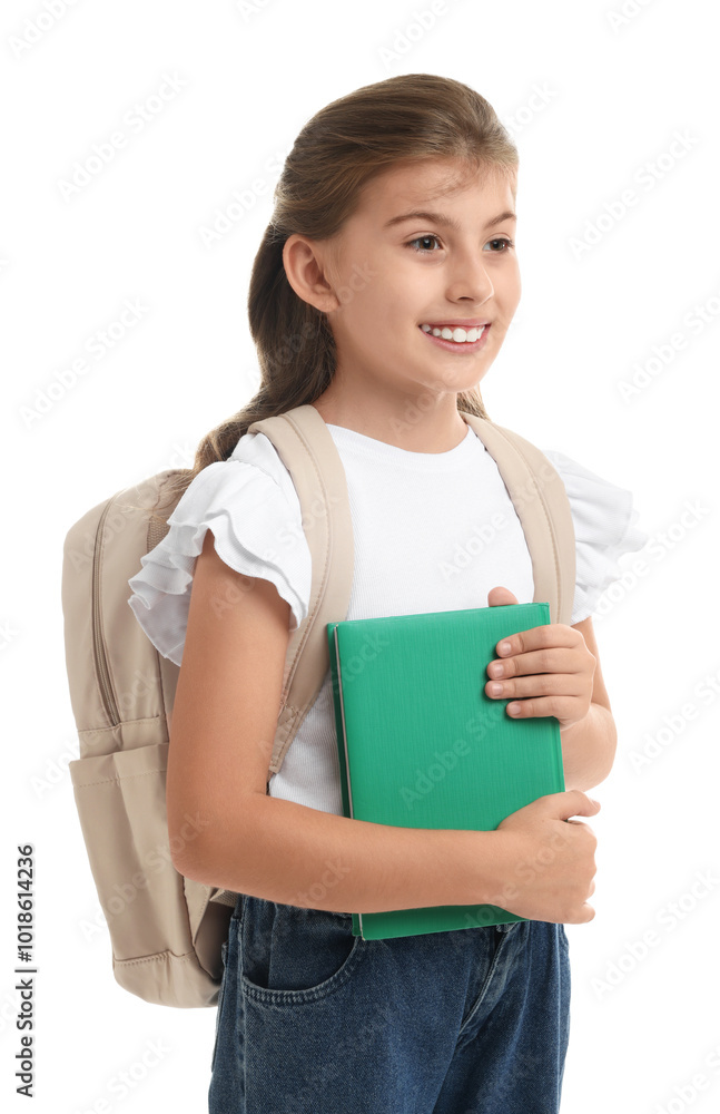 Portrait of cute girl with backpack and book on white background Portrait of cute girl with backpack and book on white background