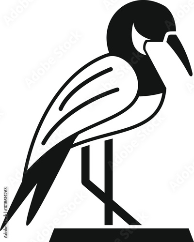 Simple black and white vector logo of an egyptian ibis bird standing on a perch