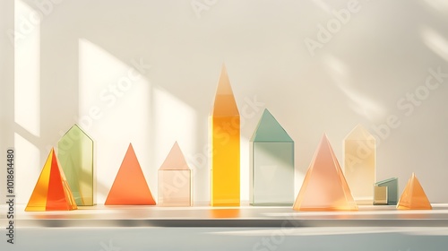 Prismatic 3D product display featuring geometric multi colored prism forms arranged on a metallic countertop showcase photo