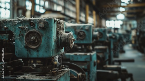 Row of vintage industrial machinery in an abandoned factory