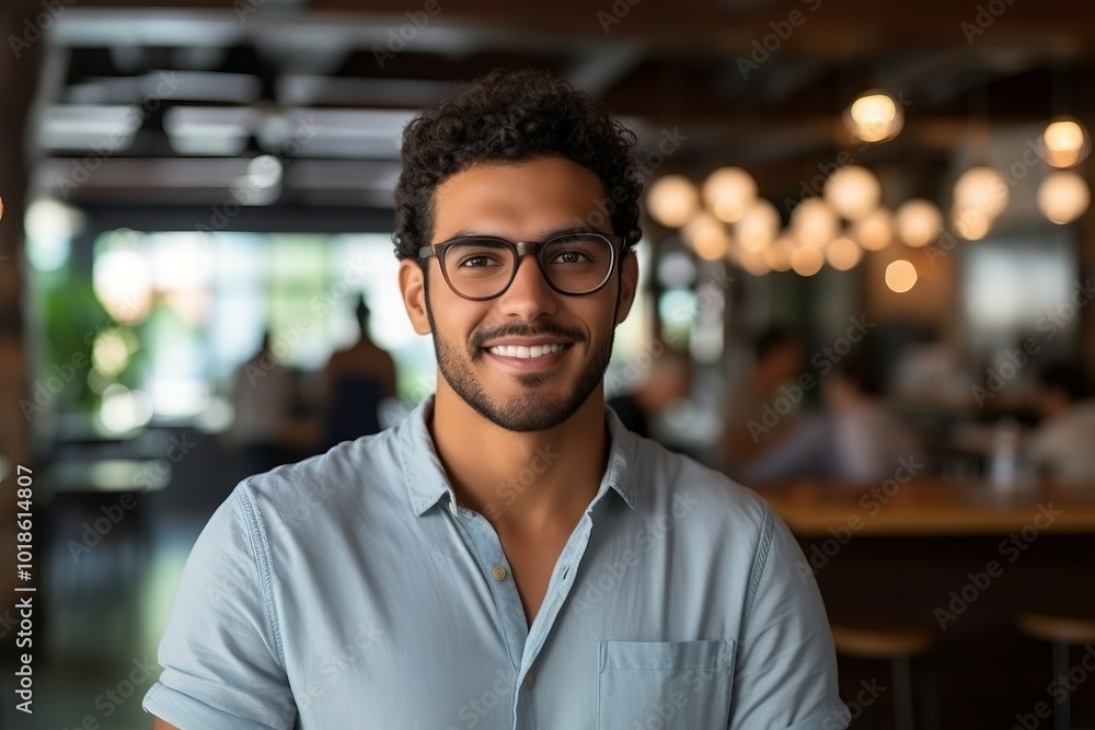 Portrait of a handsome young man smiling at camera in a cafe Portrait of a handsome young man smiling at camera in a cafe