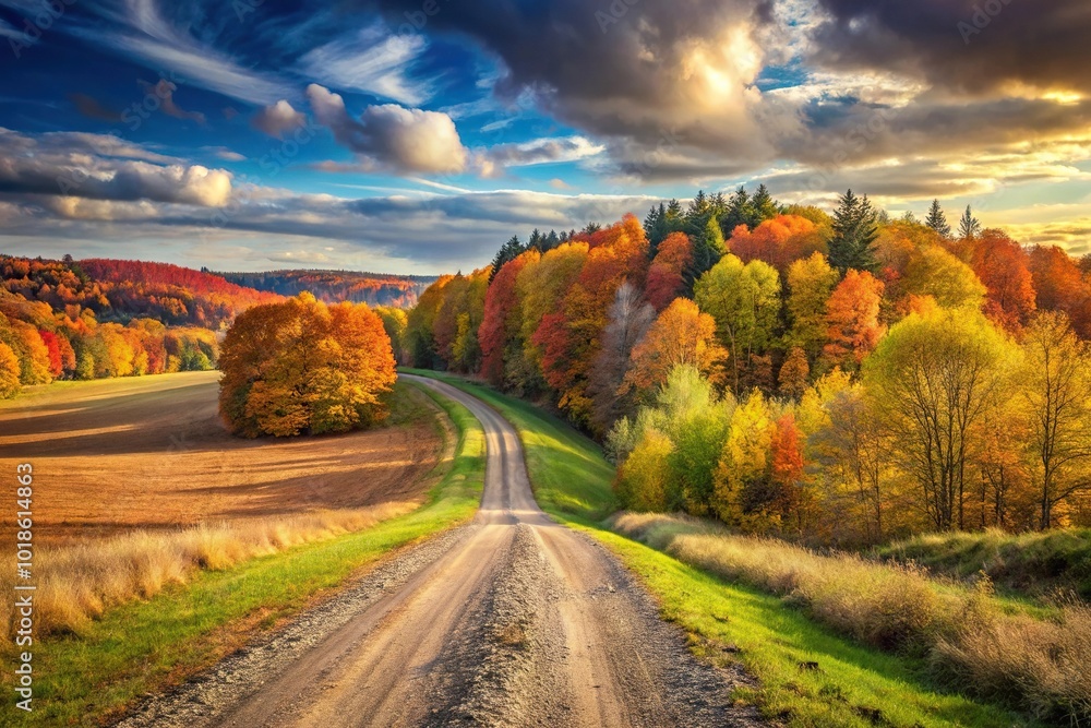 Autumn dirt roads winding through panoramic fields and forests Autumn dirt roads winding through panoramic fields and forests