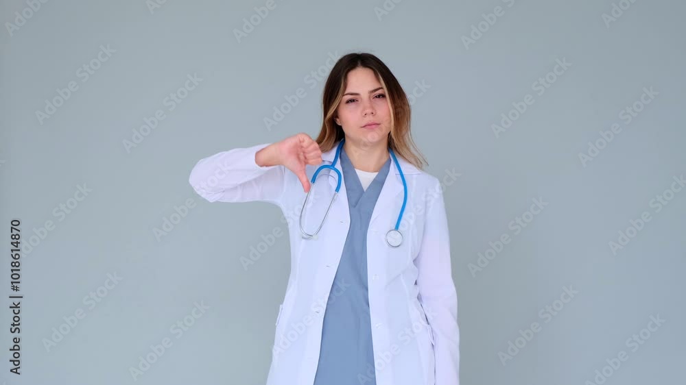 Displeased female Caucasian young adult doctor or nurse showing dislike sign and waving head in disagreement, disappointment on gray background. Displeased female Caucasian young adult doctor or nurse showing dislike sign and waving head in disagreement, disappointment on gray background.