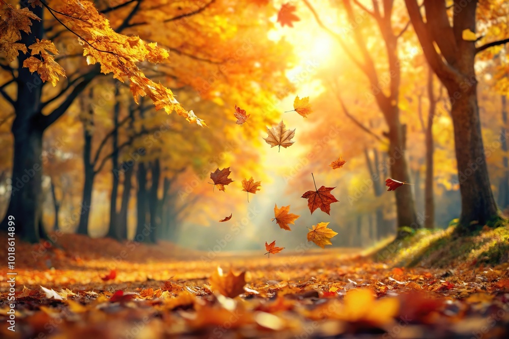 Autumn fall themed scene with leaves and trees in the background Low Angle Autumn fall themed scene with leaves and trees in the background Low Angle