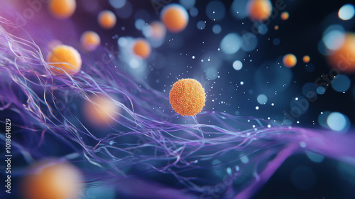 close up view of biological formation showcasing vibrant orange spheres amidst delicate purple strands, creating mesmerizing and dynamic scene