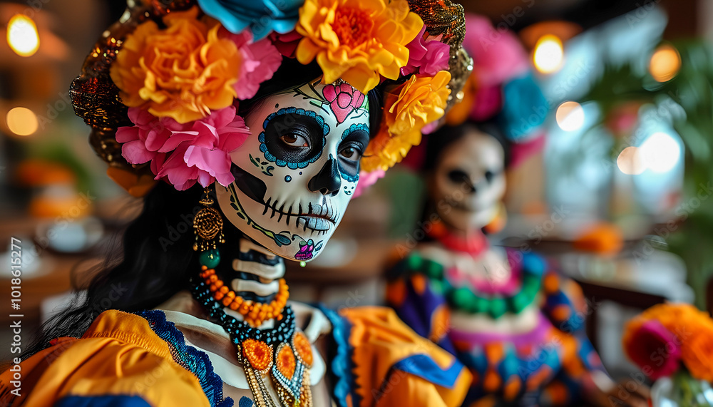 Day of the dead: dynamic shots of vibrant, skeletal figures, people in full make-up inside a cafe Day of the dead: dynamic shots of vibrant, skeletal figures, people in full make-up inside a cafe