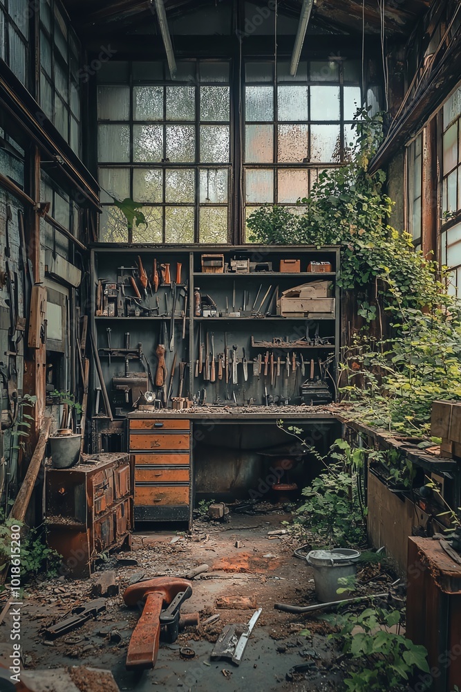 Interior of a rusted factory workshop, tools scattered and overgrown with weeds, low lighting, Nikon D850, 50mm lens, f4, ISO 640 Interior of a rusted factory workshop, tools scattered and overgrown with weeds, low lighting, Nikon D850, 50mm lens, f4, ISO 640