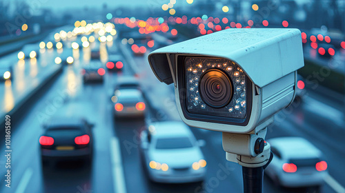 A traffic camera is mounted on a pole in the middle of a busy street