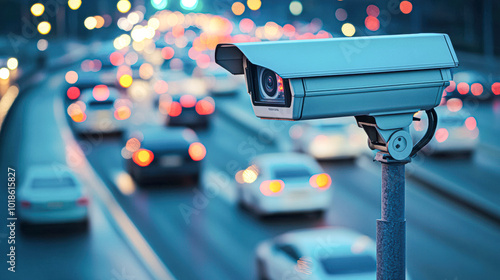A traffic camera is mounted on a pole on a busy street