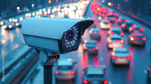 A traffic camera is mounted on a pole in the middle of a busy street