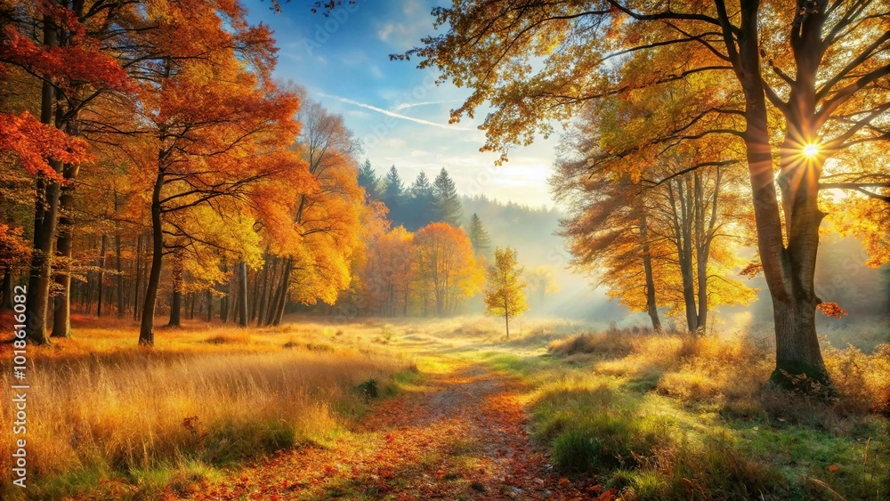 Fototapeta premium Autumn forest with picturesque morning light and shallow depth of field