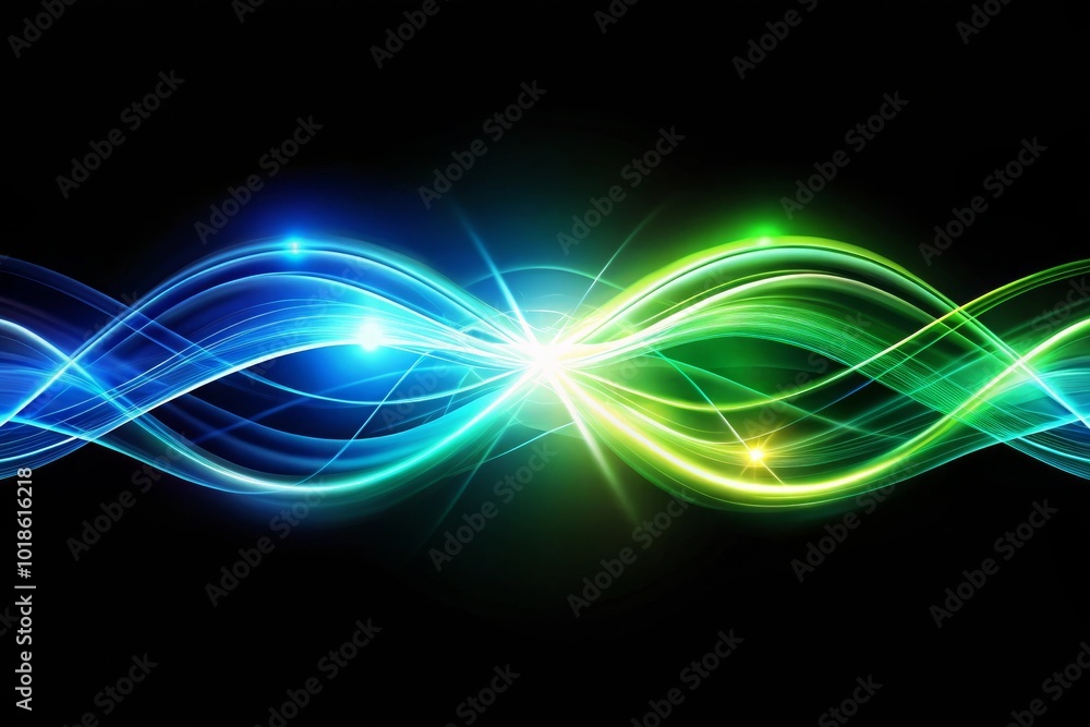 Abstract green blue wave light effect in perspective vector illustration. Magic luminous azure glow design element on dark background, flash luminosity, abstract neon motion glowing wavy lines Abstract green blue wave light effect in perspective vector illustration. Magic luminous azure glow design element on dark background, flash luminosity, abstract neon motion glowing wavy lines