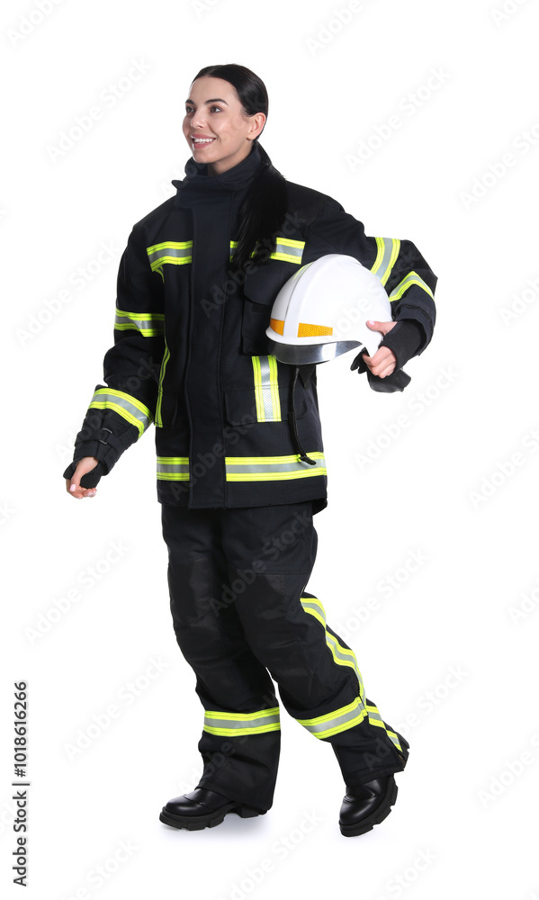 Full length portrait of firefighter in uniform with helmet on white background Full length portrait of firefighter in uniform with helmet on white background