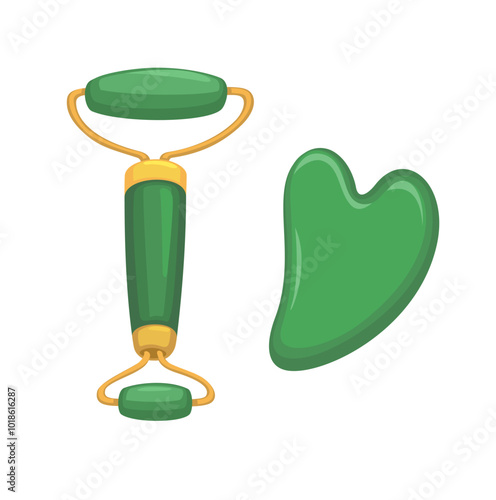 Gua sha Jade Roller Face Message Tools Set Symbol Cartoon Illustration Vector