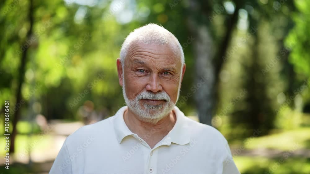 Handsome bearded senior man with gray-hair standing posing in sunshine at summer park, smiling looking at camera, radiating joy on background of beauty nature, reflecting vibrant retirement lifestyle. Handsome bearded senior man with gray-hair standing posing in sunshine at summer park, smiling looking at camera, radiating joy on background of beauty nature, reflecting vibrant retirement lifestyle.