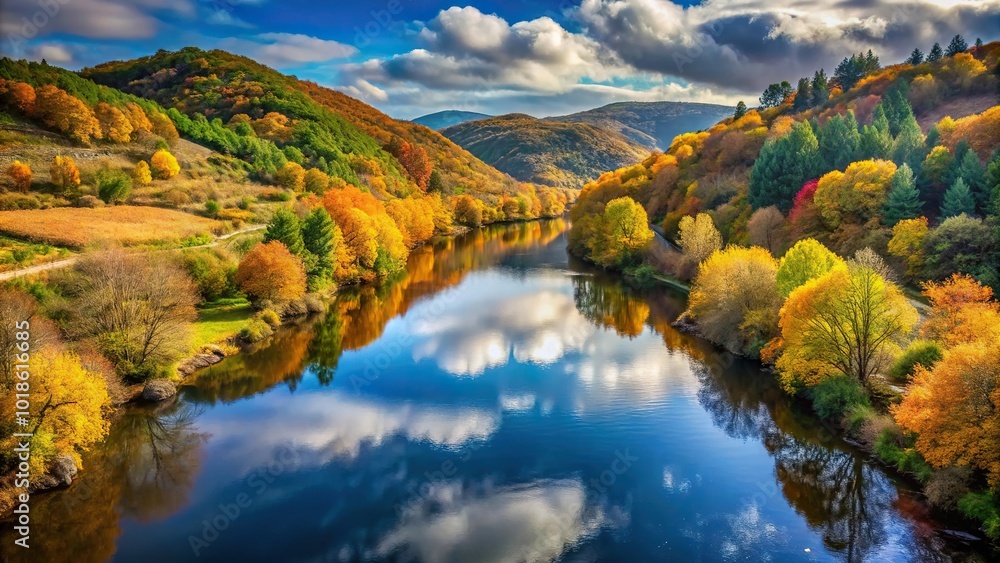 Fototapeta premium Autumn landscape with Sil river in O Barco de Valdeorras Ourense