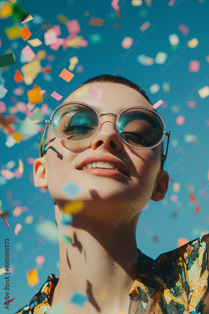 portrait of a smiling non binary androgynous model wearing round sunglasses, with short hair covered in multicolored paper confetti blowing around on blue background , lgbt, pride month portrait of a smiling non binary androgynous model wearing round sunglasses, with short hair covered in multicolored paper confetti blowing around on blue background , lgbt, pride month