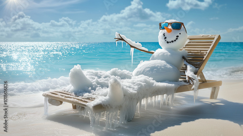 Winter Christmas travel. Snowman lounging on a sunny beach, with sunglasses and icicles, humorously merging winter and summer in playful holiday getaway ocean concept. Image made using Generative AI.