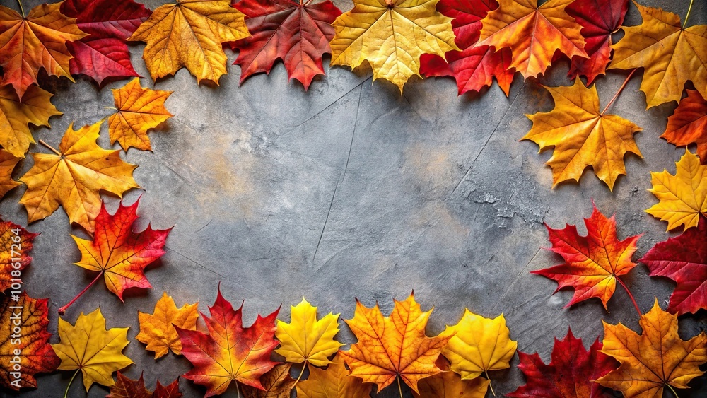 Obraz premium Autumn leaves frame Maple leaves in yellow orange and red color on a grey background