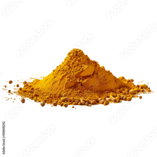Turmeric powder pile scattered isolated on transparent background, flying Yellow powder explosion or splash on a transparent background. Ai generative

