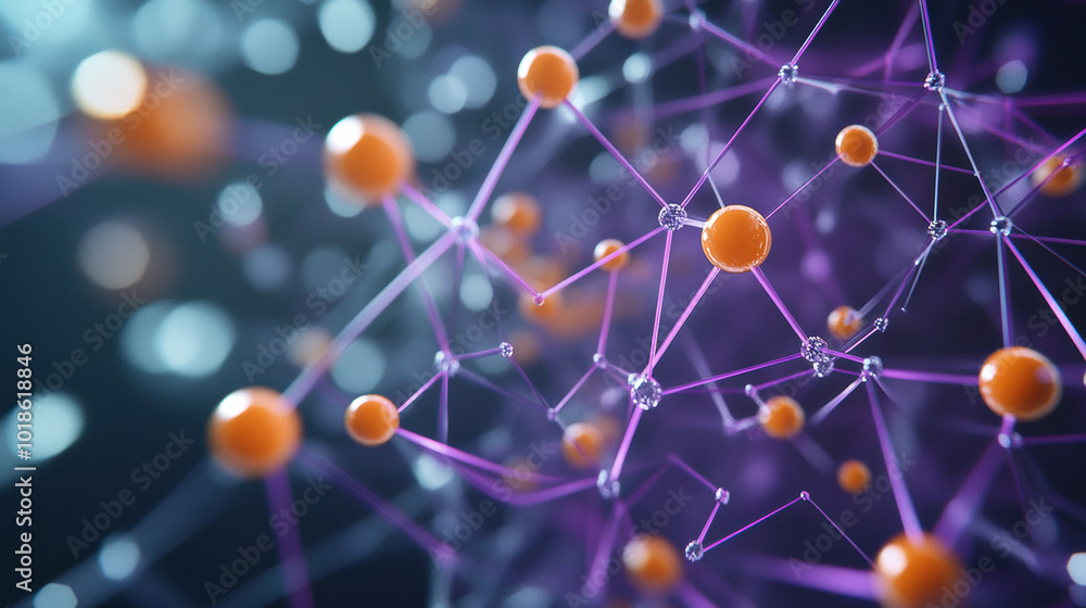 Microscopic image showcasing detailed arrangement of interconnected nodes and strands, illustrating vibrant network of orange and purple elements. intricate design evokes sense of complexity and Microscopic image showcasing detailed arrangement of interconnected nodes and strands, illustrating vibrant network of orange and purple elements. intricate design evokes sense of complexity and