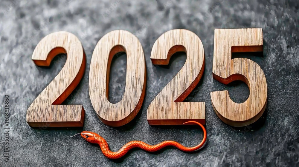 Wooden numbers 2025 with an orange snake coiled around them create a striking visual, Ideal for themes related to New Year celebrations, forecasts, or environmental topics, Wooden numbers 2025 with an orange snake coiled around them create a striking visual, Ideal for themes related to New Year celebrations, forecasts, or environmental topics,