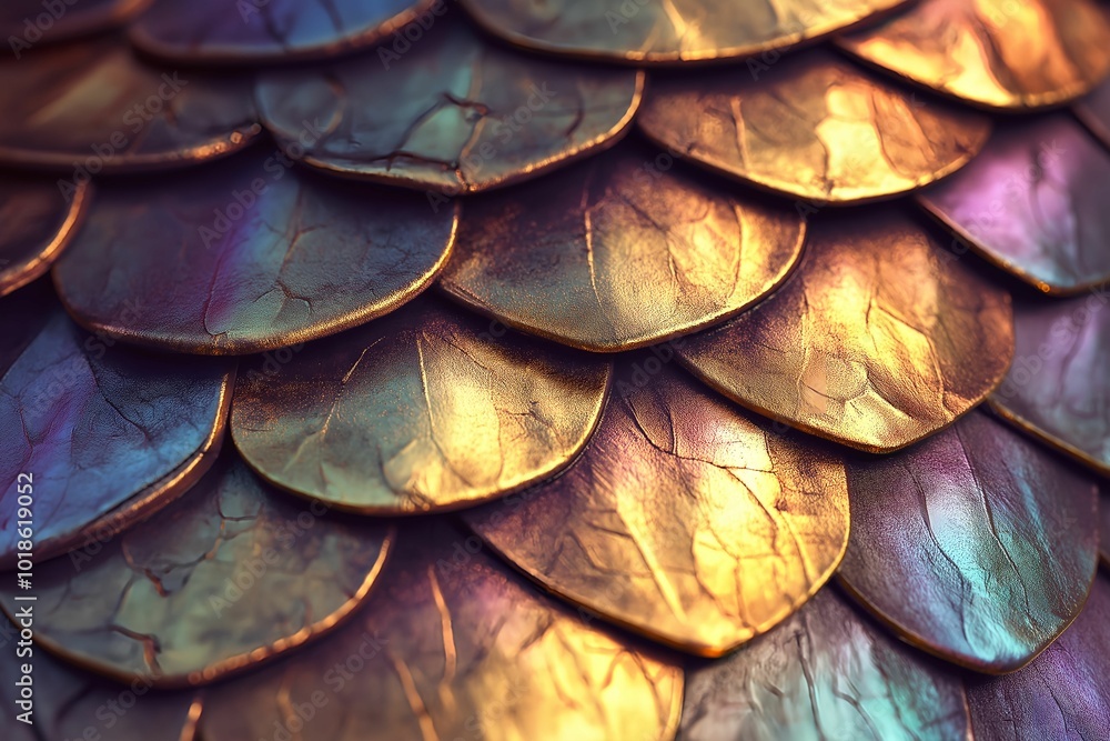 Obraz premium Metallic dragon scale texture, iridescent hues, sharp ridges, molten gold reflections