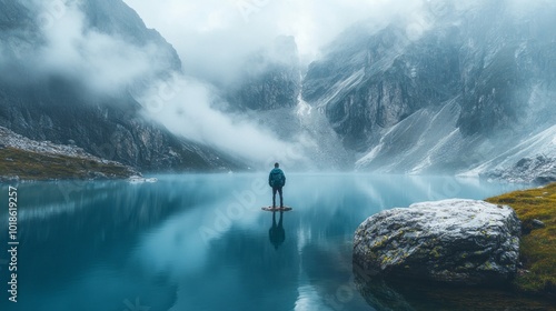 A man stands on a rock in front of a body of water. The water is calm and blue, and the sky is cloudy. The man is looking out over the water, taking in the beauty of the scene