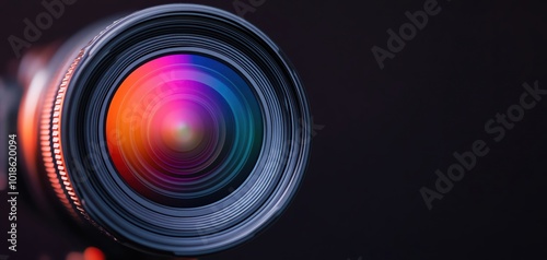 Close-up of a colorful camera lens on a dark background.