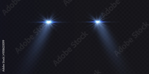 Cars light effect. White glow car headlight bright beams ray isolated on transparent background