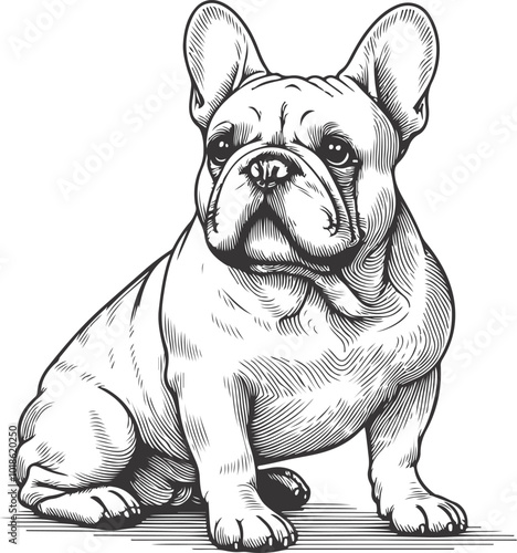 Line art French bulldog illustration. Ink style, cute animal for print Vector linear silhouette.